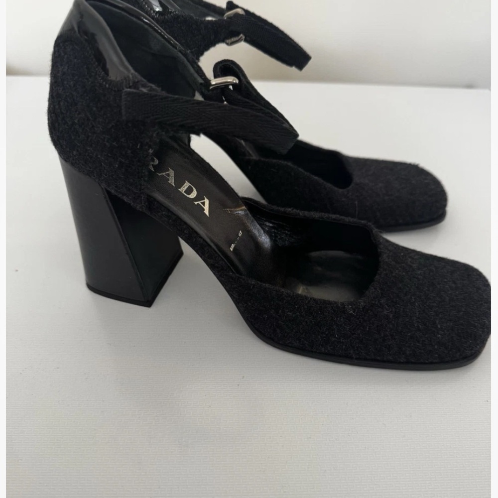 Prada Vintage 90s Black Wool Mary Jane Block Heels with Ankle Strap 38 8 - Picture 8 of 10